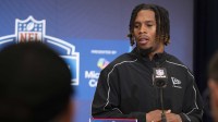 Arizona State defensive back Keith Abney II (DB01) speaks to members of the media during the NFL Combine at the Indiana Convention Center.