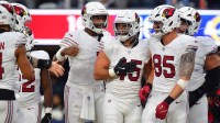 Arizona Cardinals tight end Josiah Deguara (45) reacts with teammates after scoring a touchdown against the Los Angeles Rams during the second half at SoFi Stadium.