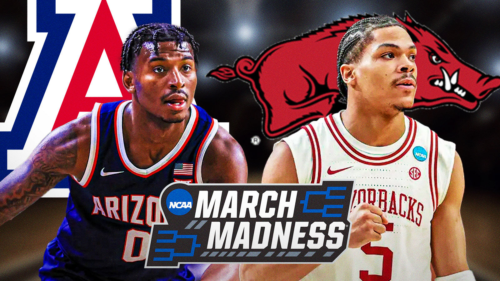 Arizona PG Jaden Bradley and Arkansas PG Darius Acuff Jr with March Madness logo between them. Arizona Wildcats logo and Arkansas Razorbacks logo behind them.