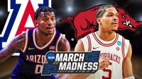 Arizona PG Jaden Bradley and Arkansas PG Darius Acuff Jr with March Madness logo between them. Arizona Wildcats logo and Arkansas Razorbacks logo behind them.