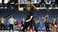 Arkansas quarterback Taylen Green (QB08) during the NFL Scouting Combine at Lucas Oil Stadium.
