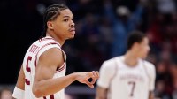 Arkansas guard Darius Acuff Jr. (5) celebrates a three-pointer during the first half of the SEC tournament championship game against Vanderbilt at Bridgestone Arena in Nashville, Tenn., Sunday, March 15, 2026.