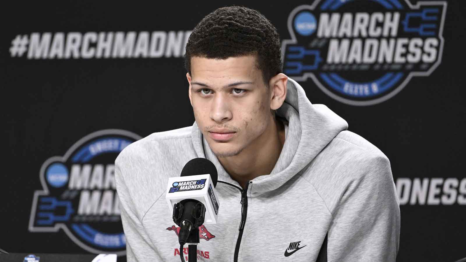 Arkansas Razorbacks forward Trevon Brazile (7) addresses the media in a press conference during a practice session ahead of the west regional of the men's 2026 NCAA Tournament at SAP Center.