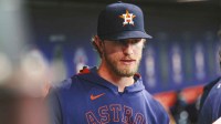 Houston Astros relief pitcher Josh Hader walks in the dugout before the game against the New York Yankees at Daikin Park