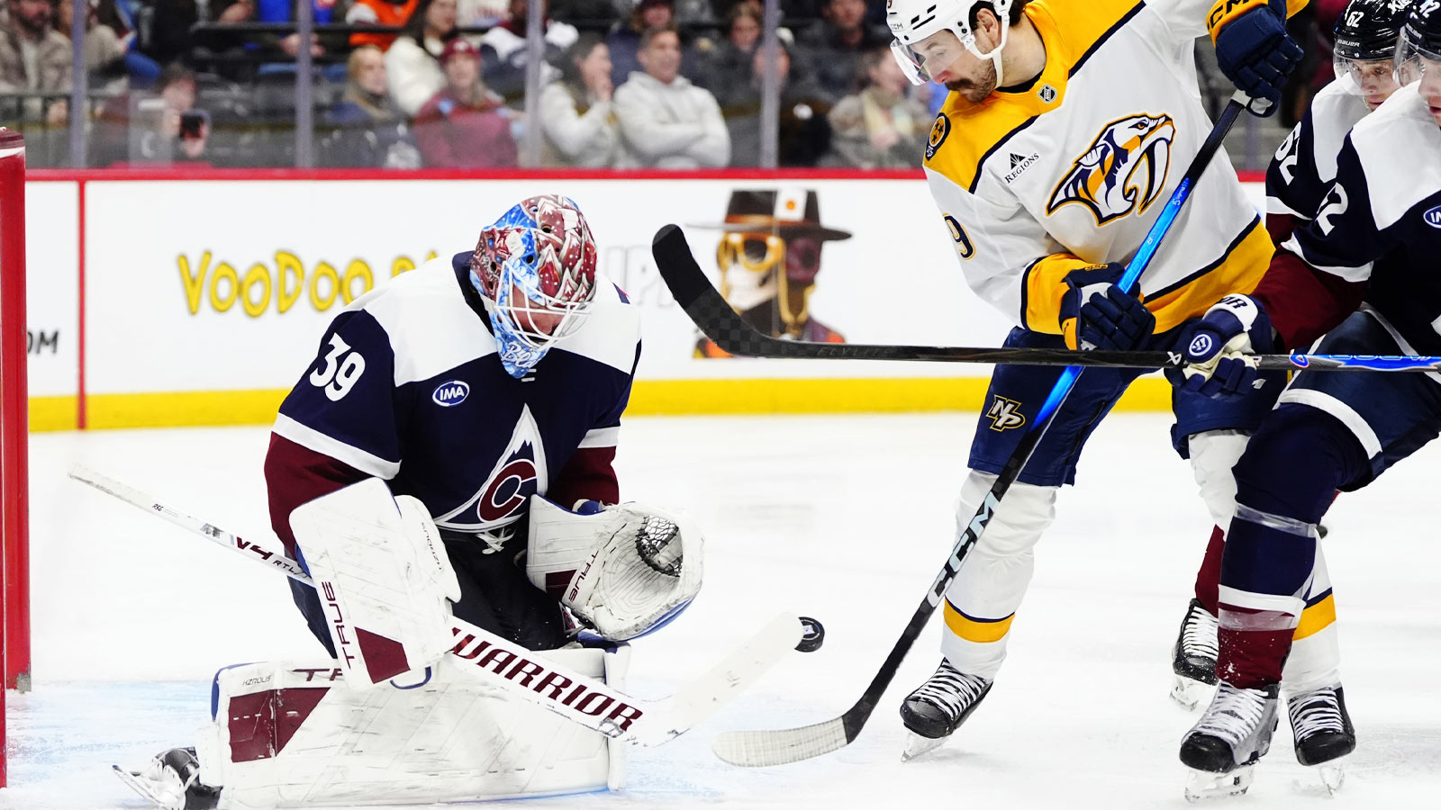 Nashville Predators left wing Filip Forsberg (9) shoots the puck at Colorado Avalanche goaltender MacKenzie Blackwood (39) in the third period at Ball Arena.