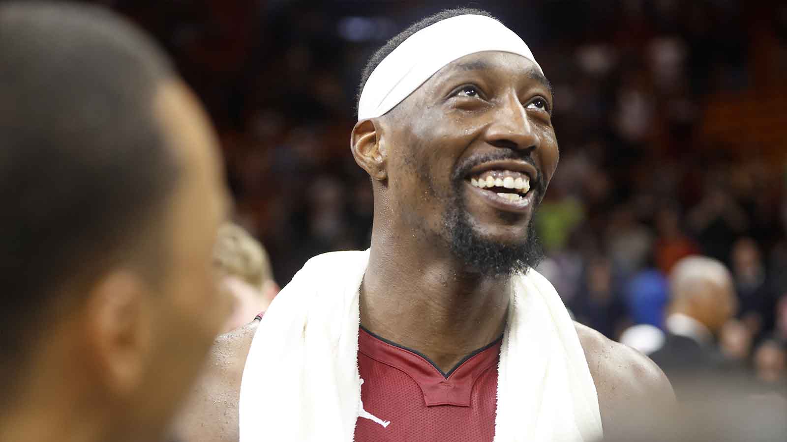 Miami Heat center Bam Adebayo (13) reacts after becoming the NBA's second highest scorer of points in a game against the Wshington Wizards at Kaseya Center. Adebayo scored 83 points. 