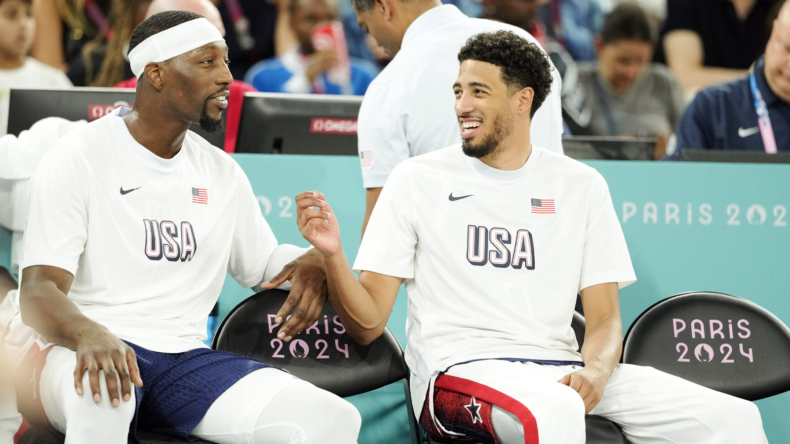 United States centre Bam Adebayo (13) and guard Tyrese Haliburton (9) look on in the second half in a men’s basketball quarterfinal game during the Paris 2024 Olympic Summer Games at Accor Arena.