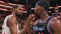 Miami Heat center Bam Adebayo (13) shakes hands with Houston Rockets forward Kevin Durant (7). After the game at Toyota Center.
