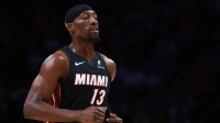 Miami Heat center Bam Adebayo (13) looks on against the Brooklyn Nets during the third quarter at Kaseya Center.