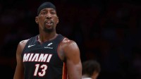 Miami Heat center Bam Adebayo (13) reacts toward the referee during the third quarter against the Brooklyn Nets at Kaseya Center.