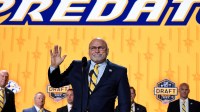 Nashville Predators incoming general manager Barry Trotz announces the twenty fourth pick in round one of the 2023 NHL Draft at Bridgestone Arena.