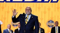 Nashville Predators incoming general manager Barry Trotz announces the twenty fourth pick in round one of the 2023 NHL Draft at Bridgestone Arena.