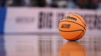 A basketball sits on the court during the first half of a game between the Nebraska Cornhuskers and Troy Trojans during a first round game of the men's 2026 NCAA Tournament at Paycom Center.