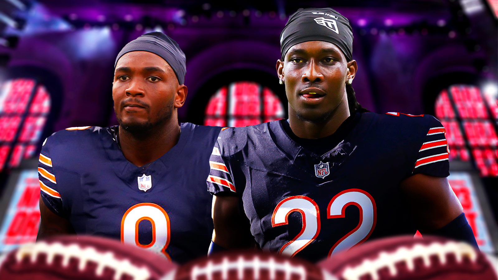 Emmanuel McNeil-Warren and Derrick Moore in Bears jerseys with an NFL draft background