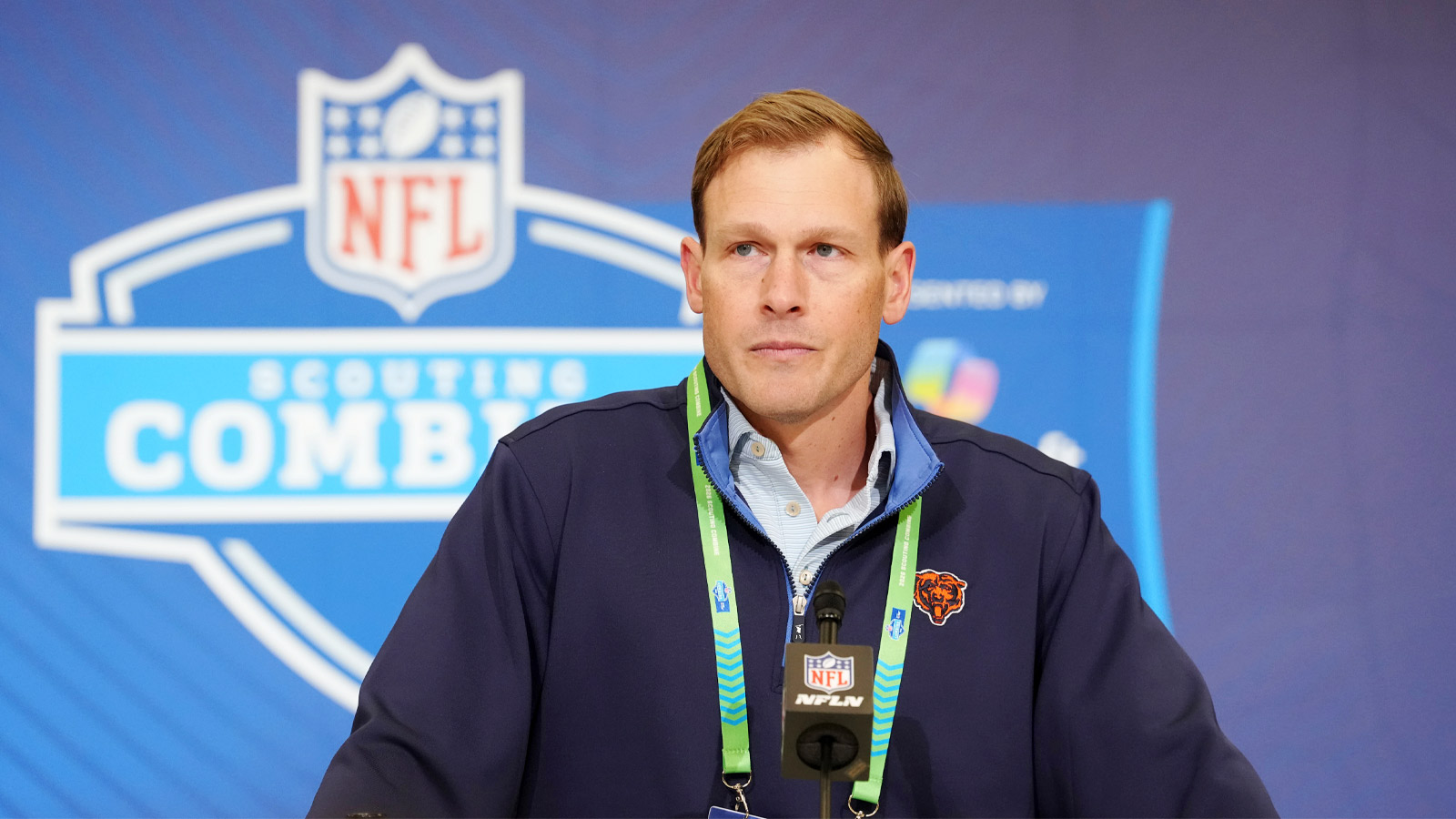Chicago Bears coach Ben Johnson speaks at the NFL Scouting Combine at the Indiana Convention Center. 