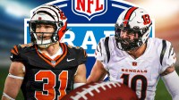 Dillon Thieneman and Jacob Rodriguez in Bengals jerseys with an NFL draft background