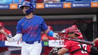 New York Mets shortstop Bo Bichette (19) strikes out in the first inning against the Washington Nationals at Clover Park.
