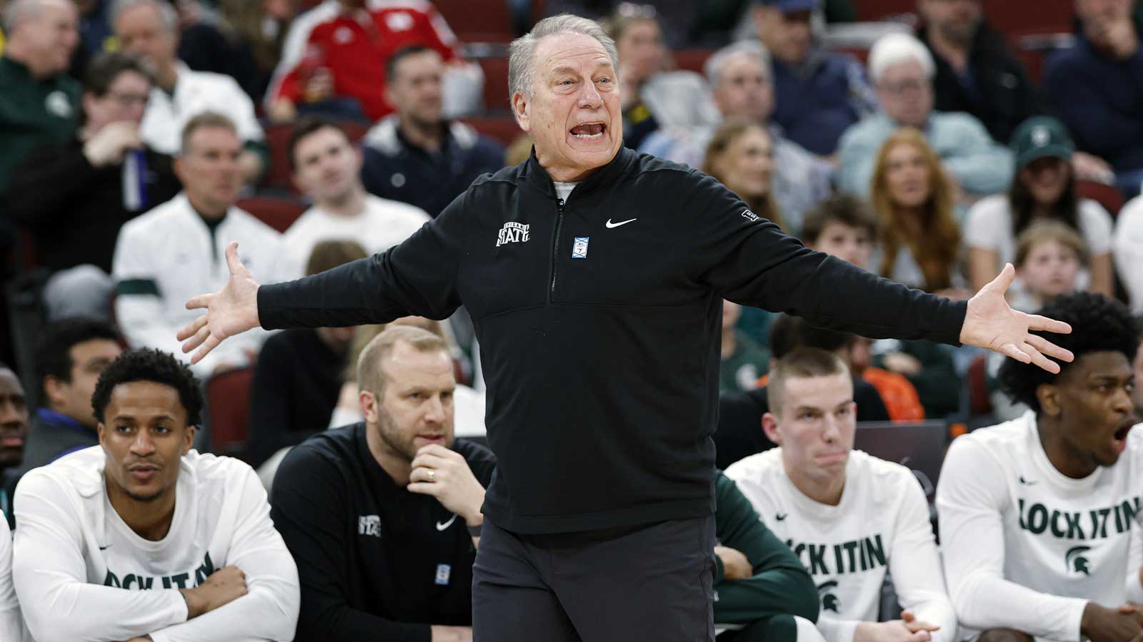 Michigan State Spartans head coach Tom Izzo reacts during the first half at United Center.