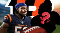 Edge rusher Boye Mafe in a Cincinnati Bengals uniform. He is next to a silhouette of an American football player with a big question mark emoji inside. There is also a logo for the Cincinnati Bengals in the background.