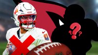 QB Kyler Murray with a big red X emoji over him. He is next to a silhouette of an American football player with a big question mark emoji inside. There is also a logo for the Arizona Cardinals in the background.