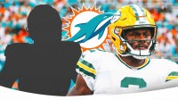Malik Willis on one side, Mystery player beside him, Miami Dolphins logo in the background