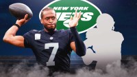 Geno Smith on one side, Mystery player beside him, New York Jets logo in the background