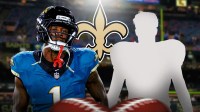 Travis Etienne Jr on one side, Mystery player beside him, New Orleans Saints logo in the background