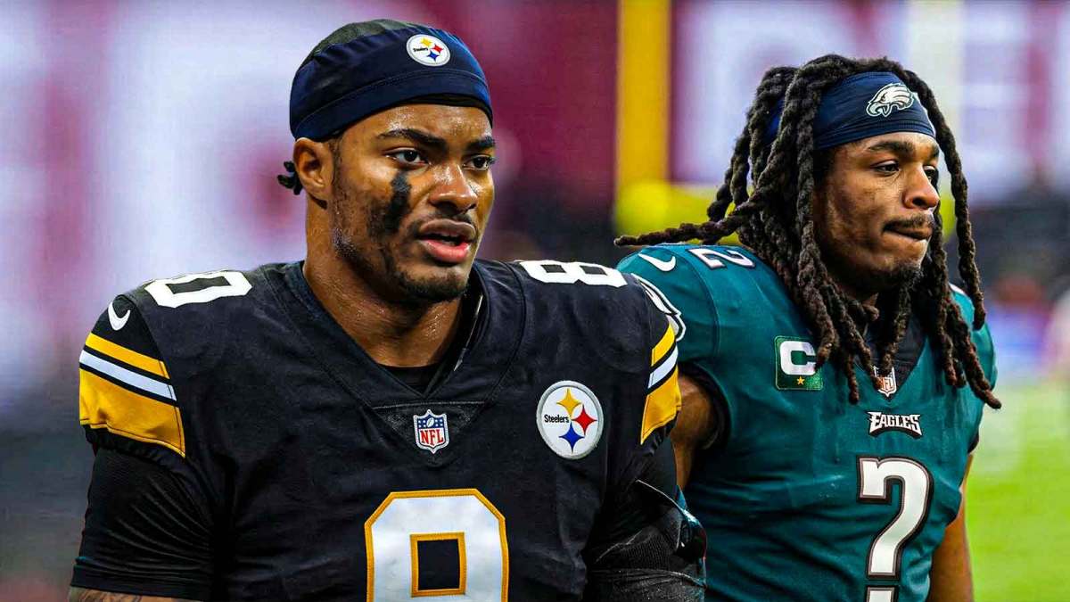Jaquan Brisker in a Steelers uniform (No. 9) next to Kyle Dugger (No. ?) in an Eagles uniform in front of Lincoln Financial Field.