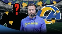 Rams head coach Sean McVay with a silhouette of an American football player with a big question mark emoji inside. They are surrounded by thumbs down emojis. There is also a logo for the Los Angeles Rams in the background.