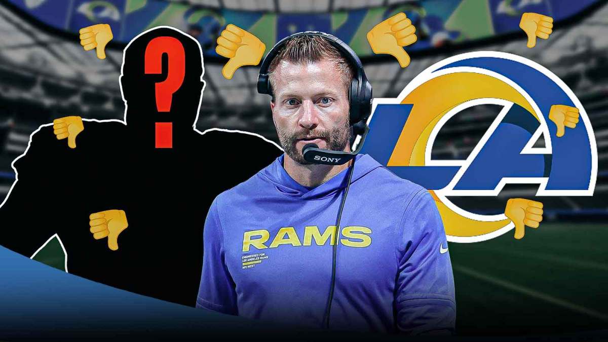 Rams head coach Sean McVay with a silhouette of an American football player with a big question mark emoji inside. They are surrounded by thumbs down emojis. There is also a logo for the Los Angeles Rams in the background.