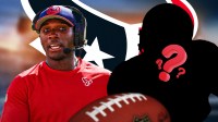 Texans head coach DeMeco Ryans next to a silhouette of an American football player with a big question mark emoji inside. There is also a logo for the Houston Texans in the background.