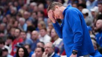 Kansas Jayhawks head coach Bill Self reacts to play against the Houston Cougars during the second half of the game at Allen Fieldhouse.