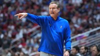 ; Kansas Jayhawks head coach Bill Self reacts in the first half against the St. John's Red Storm during a second round game of the men's 2026 NCAA Tournament at Viejas Arena