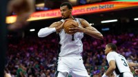San Antonio Spurs forward Victor Wembanyama (1) grabs a rebound during the third quarter against the Sacramento Kings at Golden 1 Center. Mandatory Credit: Sergio Estrada-Imagn Images