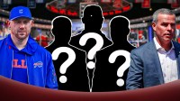 Bills coach Joe Brady, GM Brandon Beane and three football player silhouettes around them with question marks in the silhouettes with an NFL draft background.