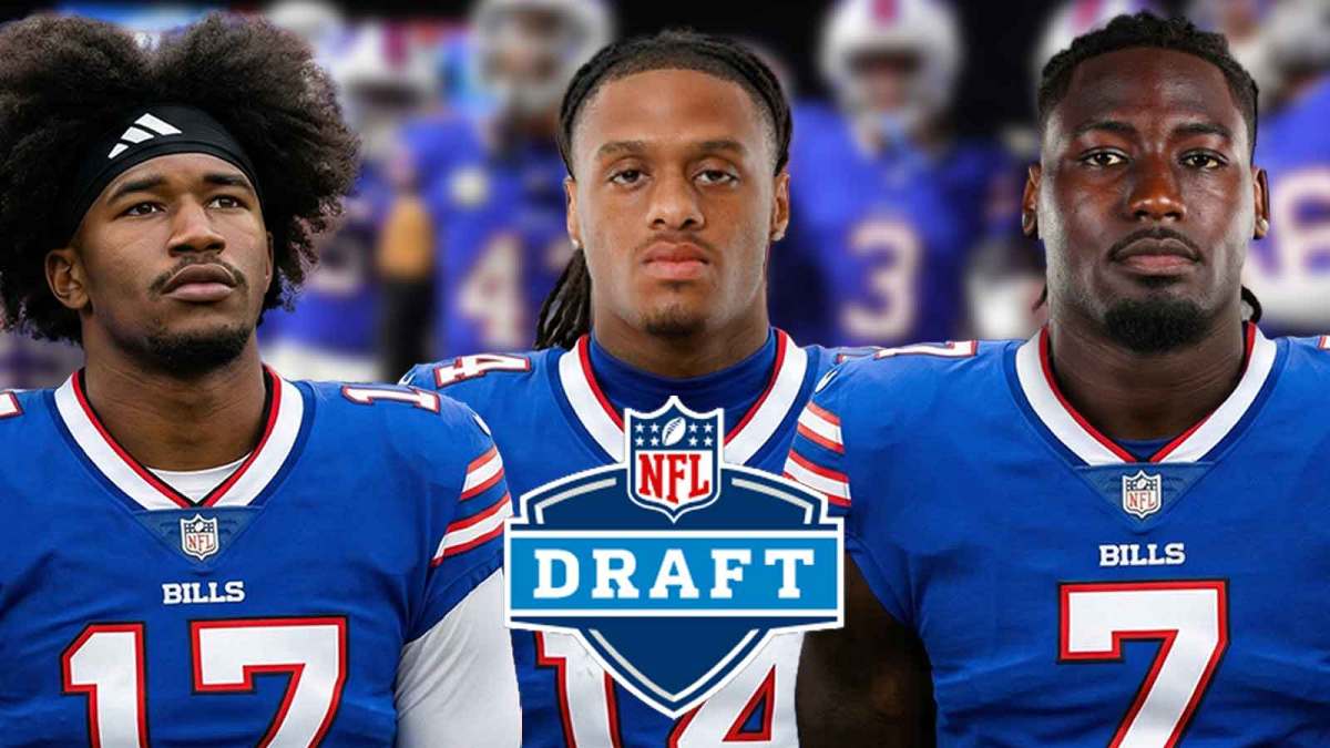 KC Concepcion, Chris Brazzell II, and Malachi Lawrence all in Buffalo Bills jerseys with an NFL Draft background.