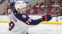 Columbus Blue Jackets defenseman Damon Severson (78) takes a shot against the Carolina Hurricanes during the second period at Lenovo Center.