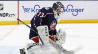 Columbus Blue Jackets goalie Jet Greaves (73) makes a save against the Florida Panthers during the third period at Nationwide Arena.