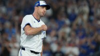Toronto Blue Jays pitcher Max Scherzer (31) reacts after being relieved against the Los Angeles Dodgers in the fifth inning for game seven of the 2025 MLB World Series at Rogers Centre.