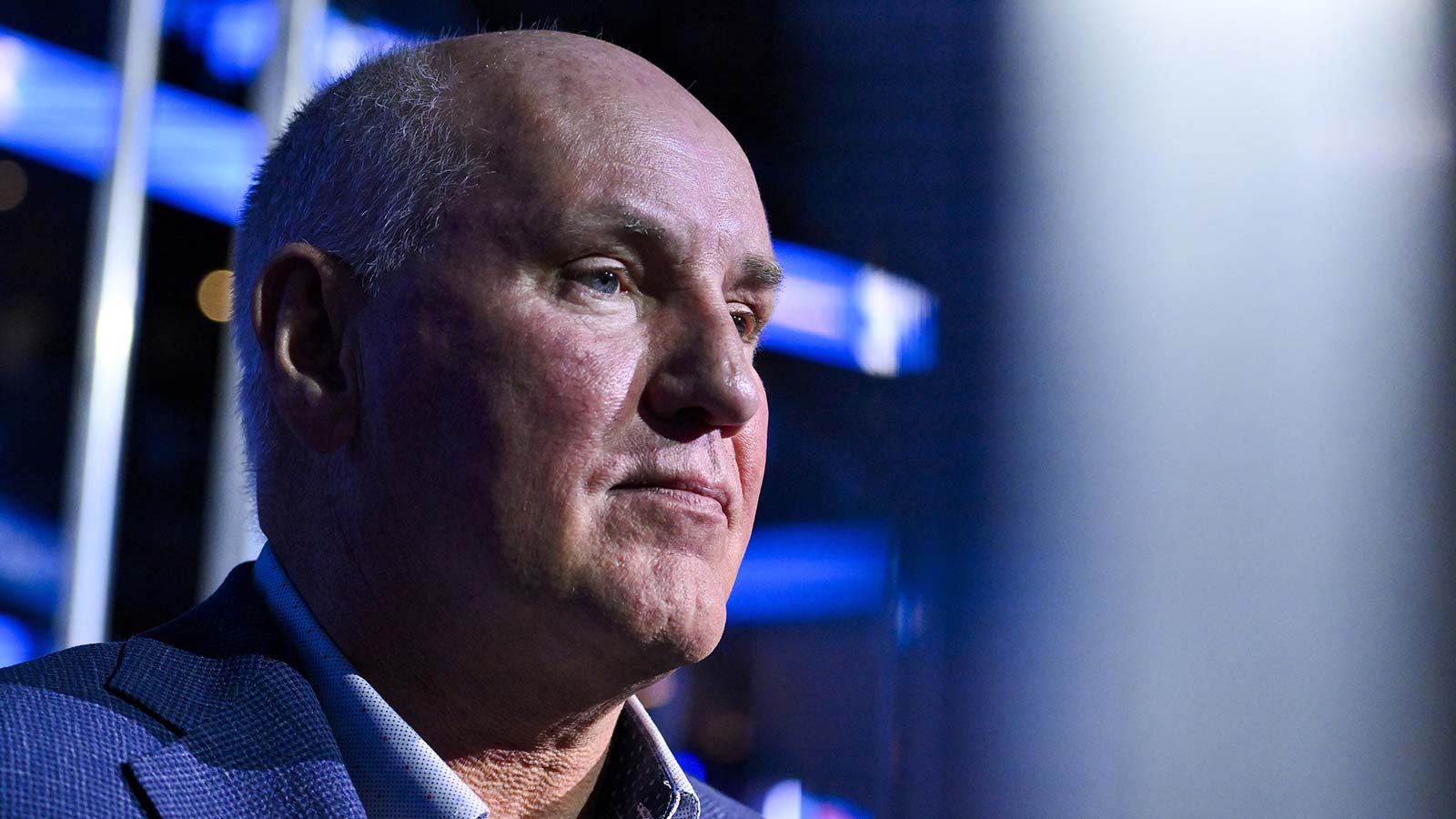 St. Louis Blues general manager Doug Armstrong looks on before a game against the Utah Mammoth at Enterprise Center.