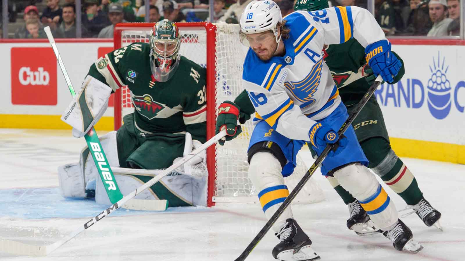St. Louis Blues center Robert Thomas (18) attempts a wrap around on Minnesota Wild goaltender Filip Gustavsson (32) in the third period at Grand Casino Arena.