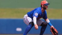 New York Mets third baseman Bo Bichette (19) defends his position against the Washington Nationals during the first inning at CACTI Park of the Palm Beaches.