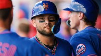 New York Mets third baseman Bo Bichette (19) celebrates after scoring against the Washington Nationals during the first inning at CACTI Park of the Palm Beaches.