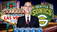 NBA Commissioner Adam Silver with Seattle SuperSonics and Las Vegas logos
