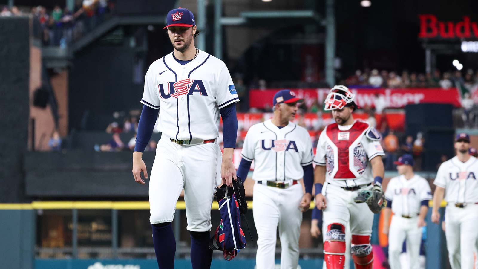 United States pitcher Paul Skenes (30) enters the field before the game against Mexico at Daikin Park.