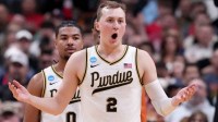 Purdue Boilermakers guard Fletcher Loyer (2) reacts to a foul call Thursday, March 26, 2026, during a Sweet 16 game against the Texas Longhorns at SAP Center in San Jose, Calif.