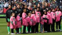Boston Legacy FC starters line up for the national anthem before the game against Gotham FC.