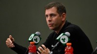 Boston Celtics president of basketball operations Brad Stevens speaks during a press conference at the Auerbach Center.