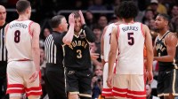 Purdue Boilermakers guard Braden Smith (3) reacts to a call from the referee during a NCAA Tournament game against the Arizona Wildcats on Saturday, March 28, 2026 at SAP Center in San Jose, Calif. Purdue fell to Arizona 79-64.