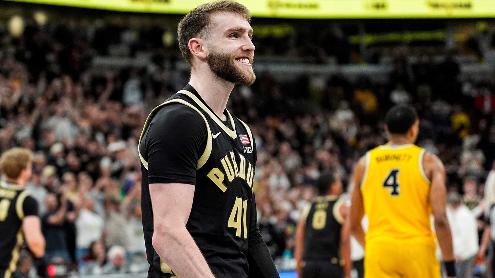 Purdue guard Braden Smith (41) celebrates 80-72 win over Michigan at the Big Ten Tournament final at United Center in Chicago on Sunday, March 15, 2026.